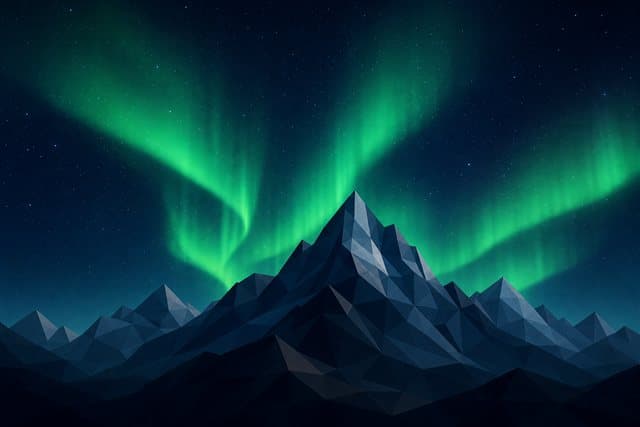 Generated low-poly image of mountains under a green aurora