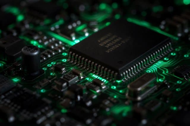 Generated macro image of a circuit board with glowing green traces