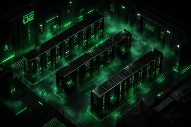 Generated image of an isometric server room lit by emerald neon
